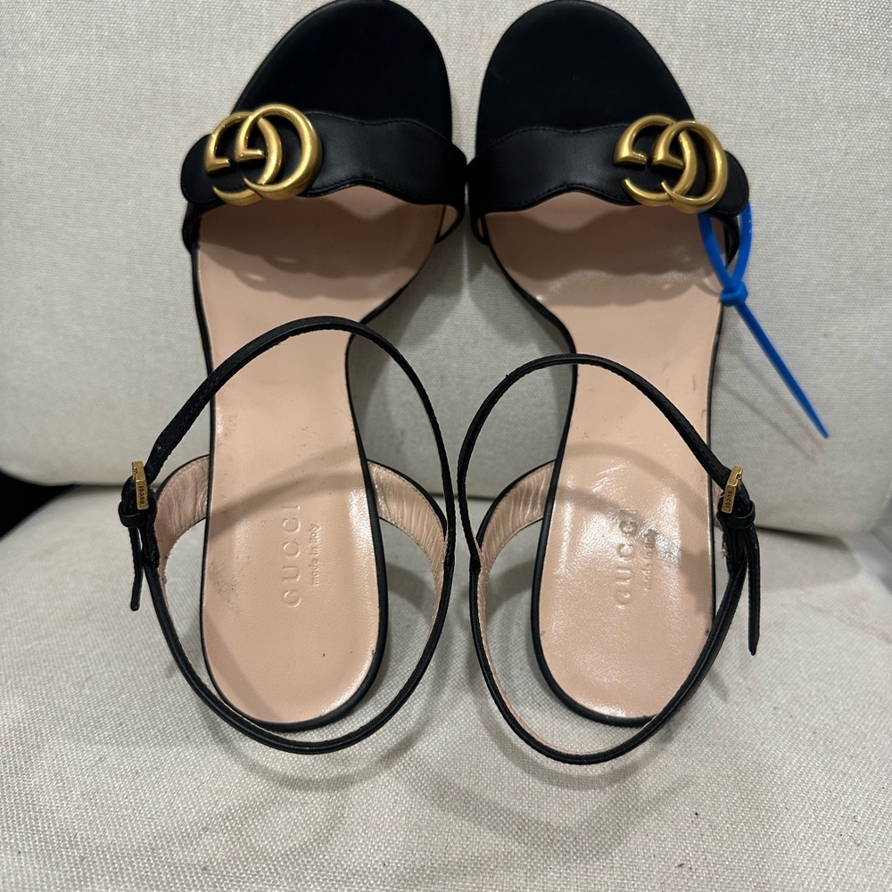 Gucci Marmont GG Black Leather Heeled Sandal size 40 Authentic Classic - Picture 5 of 9